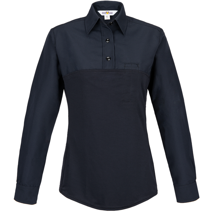 Product shot of a Flying Cross women's long-sleeved, dark navy work shirt featuring a contrast fabric panel, button-down collar, and a breast pocket