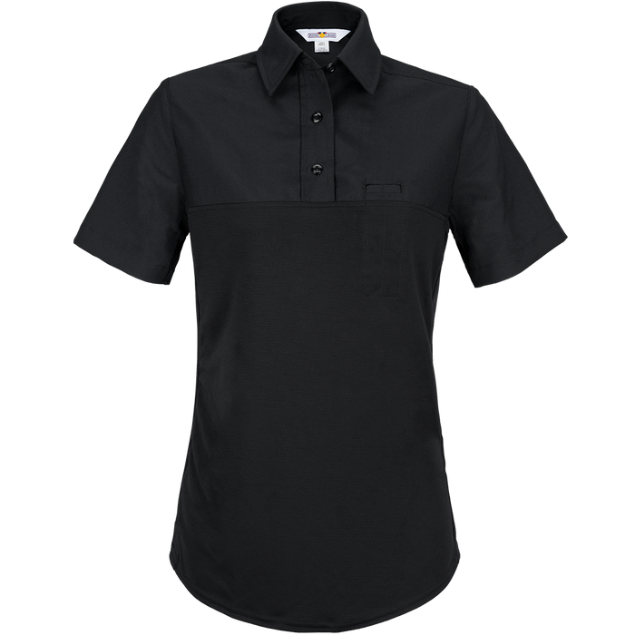 Product shot of a black short-sleeved women's polo shirt featuring a contrast fabric panel and a breast pocket with subtle texture and a button-down collar