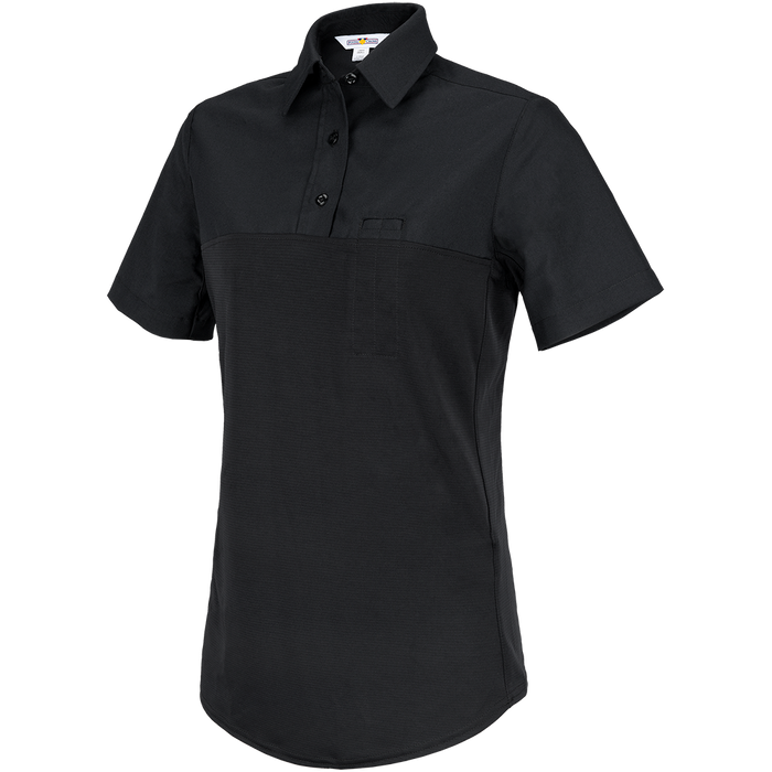 Product shot of a black women's short-sleeved polo shirt featuring a contrasting textured lower section and a small chest pocket showing a button-down collar and short sleeves