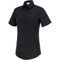 Product shot of a black women's short-sleeved polo shirt featuring a contrasting textured lower section and a small chest pocket showing a button-down collar and short sleeves