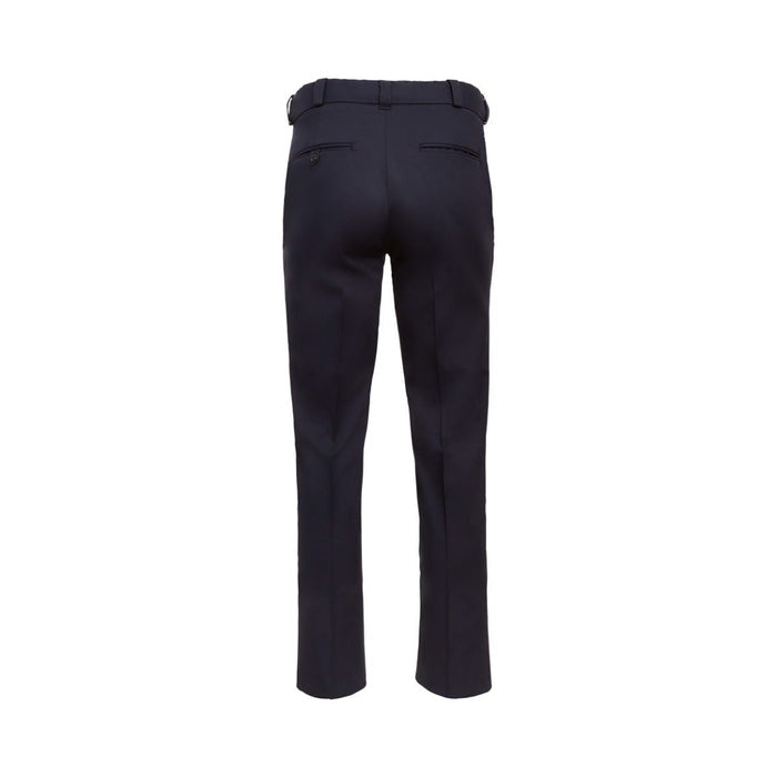 Product shot of dark navy trousers featuring a belted waist and back pockets with subtle stitching details