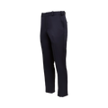 Product shot of dark navy blue men's trousers featuring a clean cut and a subtle sheen against a plain background