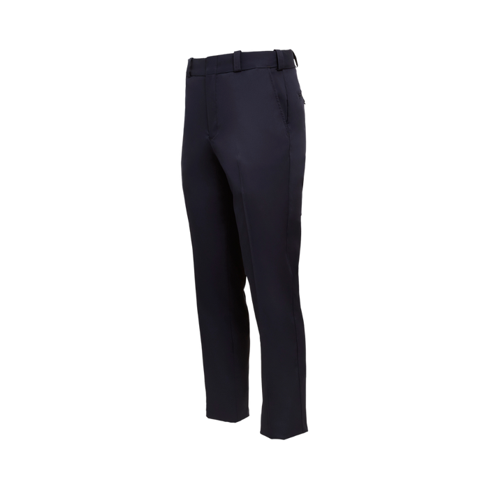 Product shot of dark navy blue men's trousers featuring a clean cut and a subtle sheen against a plain background