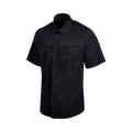 Product shot of a Flying Cross navy blue short-sleeve uniform shirt featuring two chest pockets with flaps and dark buttons against a black background