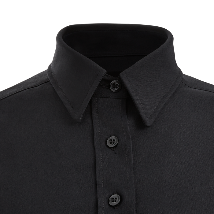 Close-up product shot of a black collared shirt featuring a crisp collar, a row of dark buttons, and subtle textured fabric