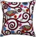 White embroidered decorative pillow cover with colorful birds and swirling motifs