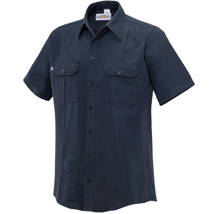 Product shot of a Flying Cross dark-blue short-sleeve work shirt featuring two chest pockets and black buttons showcasing the brand label on the collar