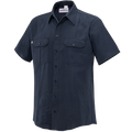 Product shot of a Flying Cross dark-blue short-sleeve work shirt featuring two chest pockets and black buttons showcasing the brand label on the collar