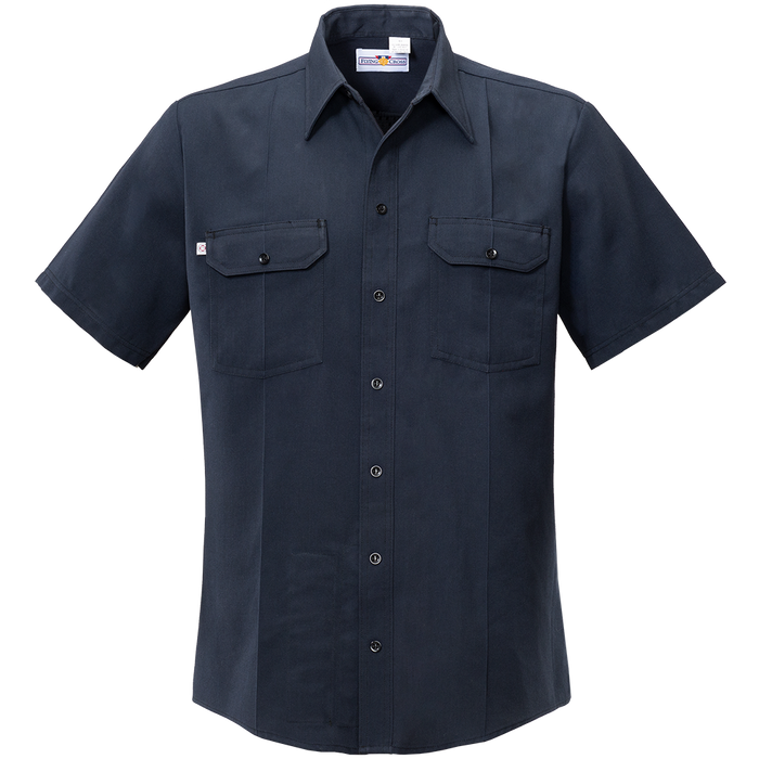 Product shot of a dark navy blue Flying Cross short-sleeve work shirt featuring two chest pockets, button front closure, and a small logo patch on the left breast