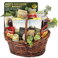 Woven wicker snack gift basket filled with assorted packaged treats and candy bars