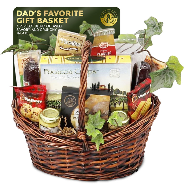 Woven wicker snack gift basket filled with assorted packaged treats and candy bars