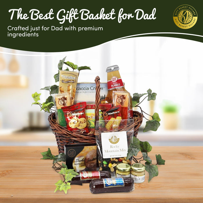 Woven wicker gift basket with assorted snacks, jars, and a tall bottle of peanuts