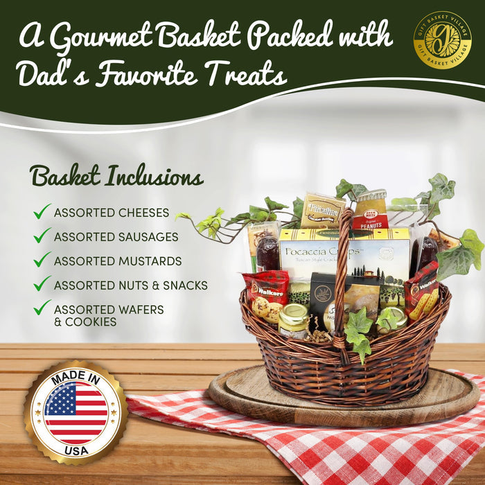 Woven wicker gift basket with assorted cheeses, sausages, mustards, nuts, and snacks