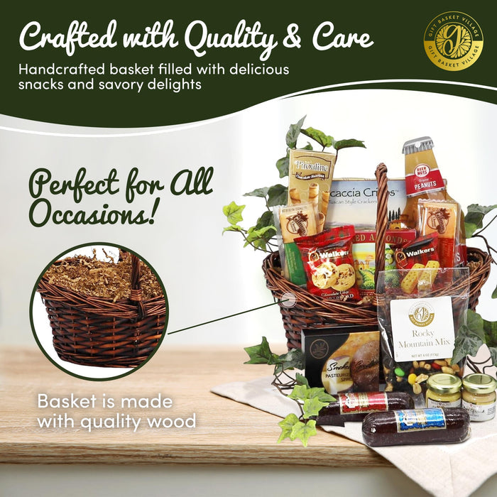 Woven wicker snack basket filled with assorted packaged treats and wrapped chocolate bars