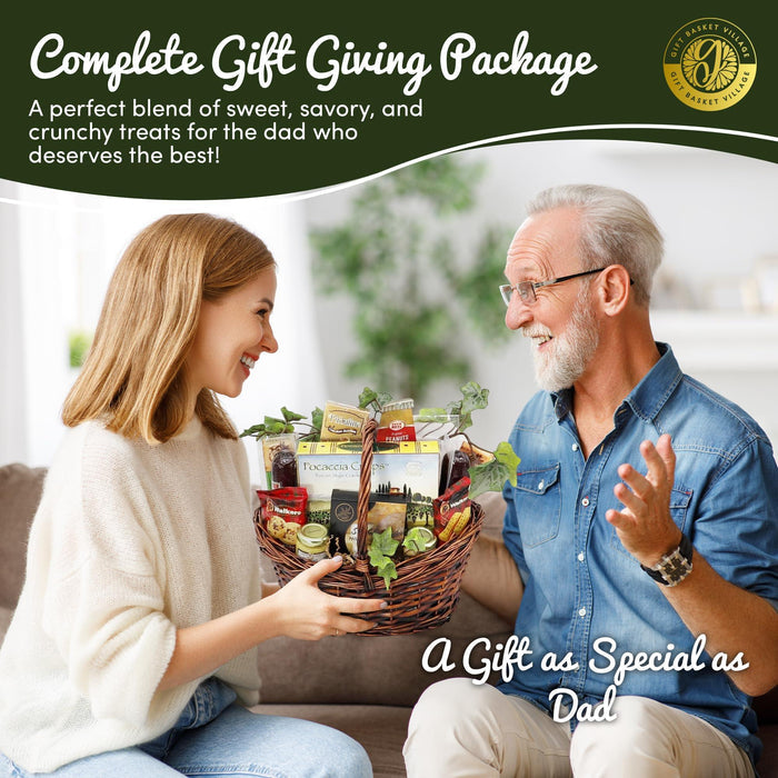 Woven wicker gift basket of assorted sweet and savory snacks between two people