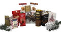 Holiday gift basket with assorted chocolates, cookies, and candy in festive packaging