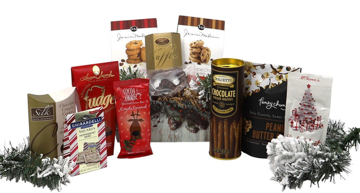 Holiday gift basket with assorted chocolates, cookies, and candy in festive packaging