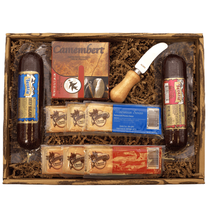 Deluxe meat and cheese gift box with assorted sausages, cheese bars, and spread