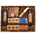 Deluxe meat and cheese gift box with assorted sausages, cheese bars, and spread