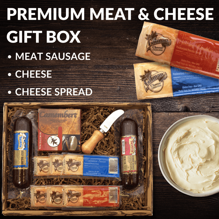 Meat and cheese gift box with sausage, cheese bars, cheese spread, and crackers