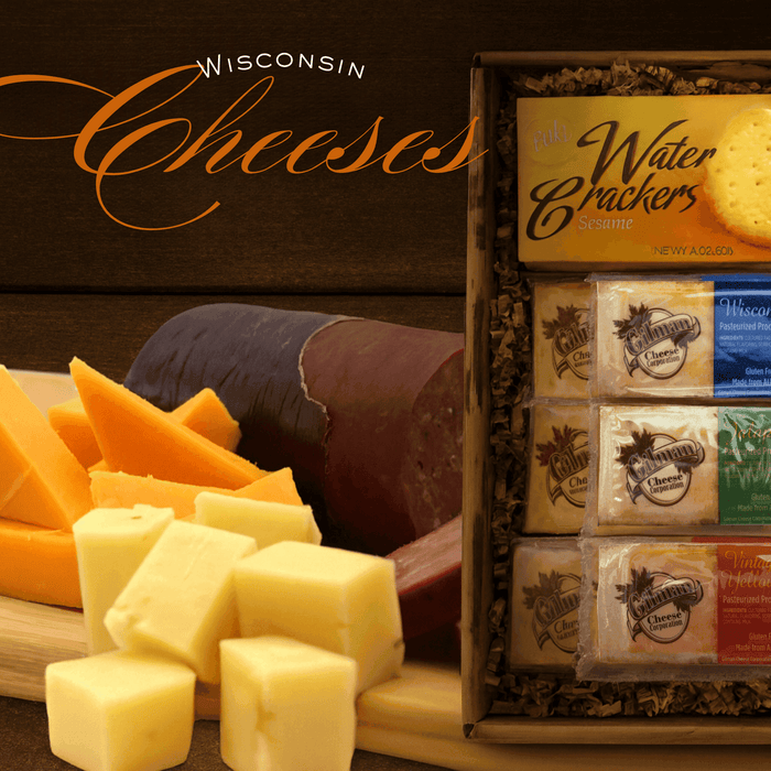 Cheese and sausage gift box with cheese cubes, salami, and crackers in tray