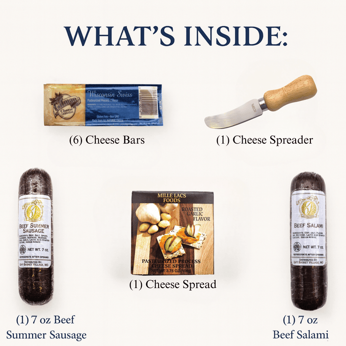 Deluxe meat gift box contents layout with cheese bars, cheese spread, and sausages