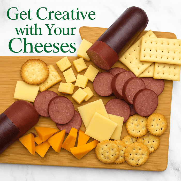 Cheese and meat gift box assortment with crackers, cheese cubes, and salami slices