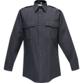 Product shot of a dark gray long sleeve uniform shirt with epaulets and button-down flap pockets featuring a crisp collar and black buttons