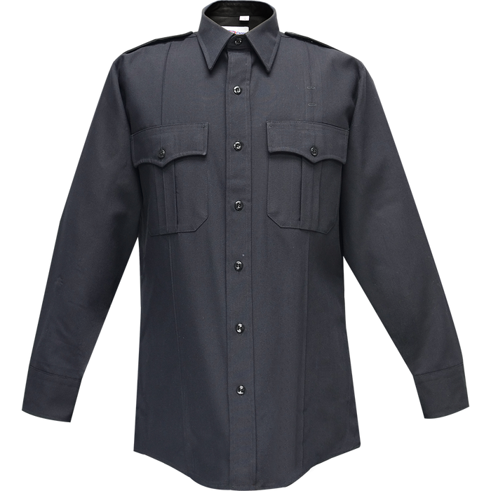 Product shot of a dark gray long sleeve uniform shirt with epaulets and button-down flap pockets featuring a crisp collar and black buttons