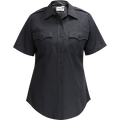 Product shot of a Flying Cross women's short sleeve dark navy blue uniform shirt featuring a button-down front, two breast pockets with flaps, and black buttons.