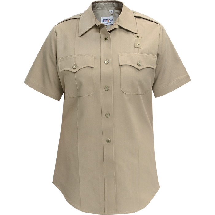 Product shot of a Flying Cross khaki women's short-sleeve uniform shirt featuring two chest pockets, a button-down front, and a neat collar  showing its subtle texture and the brand label