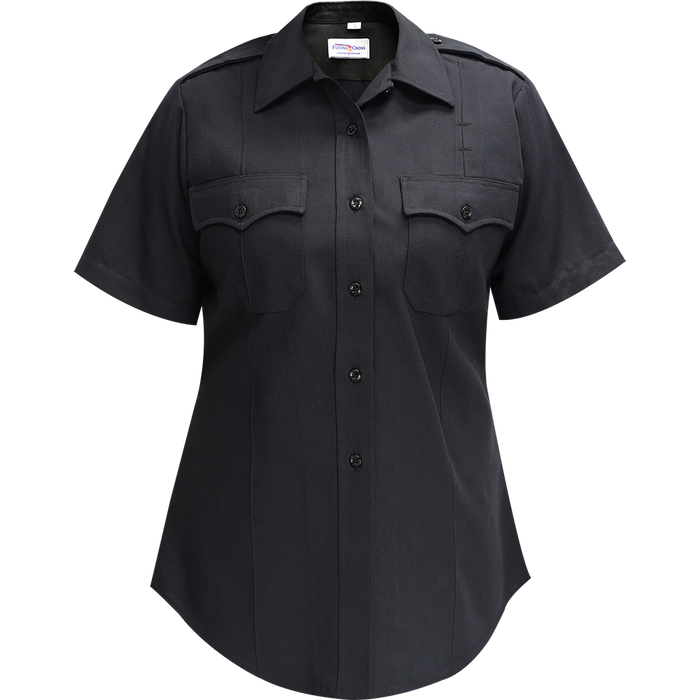 Product shot of a Flying Cross women's short-sleeve, dark navy blue uniform shirt featuring two chest pockets, a button-down front, and a classic collar