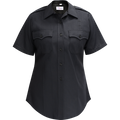 Product shot of a Flying Cross women's short-sleeve, dark navy blue uniform shirt featuring two chest pockets, a button-down front, and a classic collar
