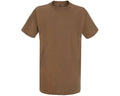 Product shot of a brown cotton Gildan t-shirt on a white background showing its crew neck and short sleeves