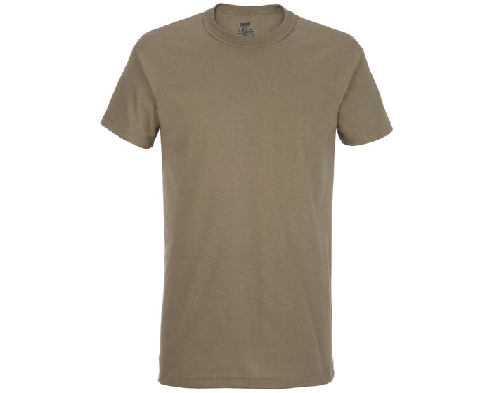 A Gildan 5000 short sleeve t-shirt in military green showcasing a crew neck, soft fabric, and a relaxed fit