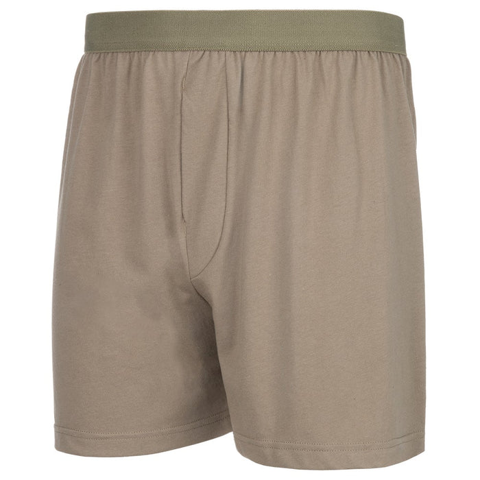 Product shot of a pair of taupe cotton boxer shorts featuring a subtle olive green waistband and a classic fly front design