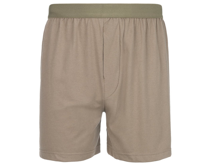 Product shot of taupe cotton men's boxer shorts featuring an olive green waistband and subtle stitching details