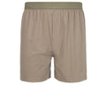 Product shot of taupe cotton men's boxer shorts featuring an olive green waistband and subtle stitching details