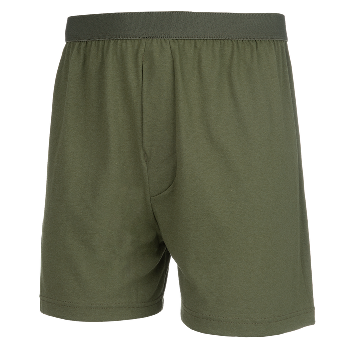 Product shot of olive green cotton boxer shorts featuring a comfortable elastic waistband and a simple design