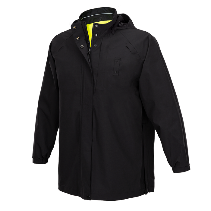 Product shot of a black waterproof jacket with a neon yellow inner lining and snap closures featuring a hooded design and adjustable cuffs