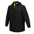 Product shot of a black waterproof jacket with a neon yellow inner lining and snap closures featuring a hooded design and adjustable cuffs