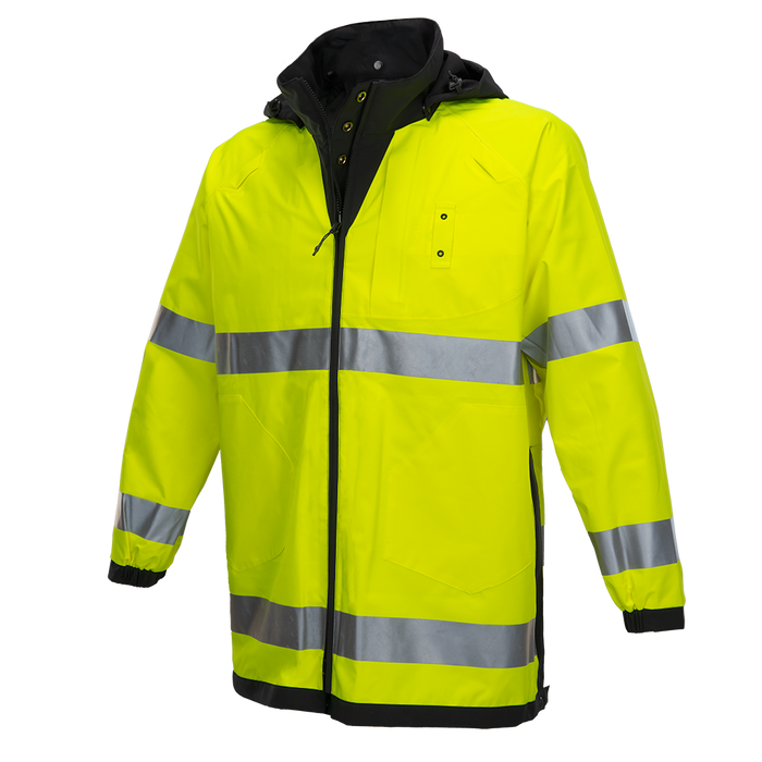 Product shot of a bright neon yellow waterproof jacket with reflective silver stripes and a black inner lining showing details like zipper and pockets