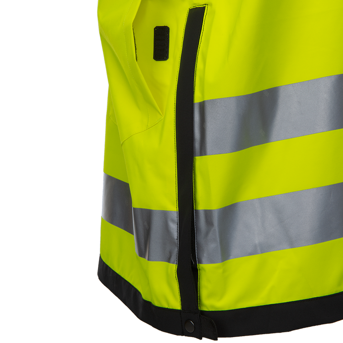 Close-up detail of a neon yellow waterproof jacket with reflective silver stripes and a black zipper showing a small black pocket