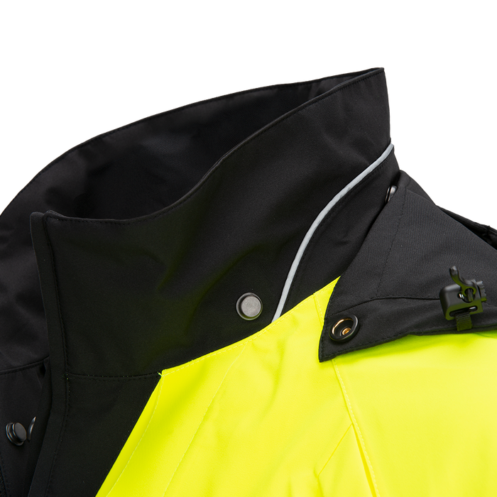 Close-up product shot of a black and neon yellow jacket featuring snap buttons, a contrasting gray trim, and a secure hood clasp