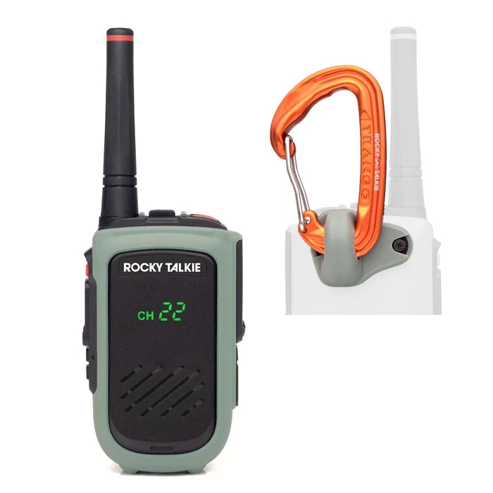 Walkie talkie with a carabiner on a white background