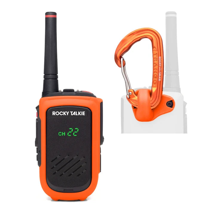 Orange walkie talkie with carabiner on a white background