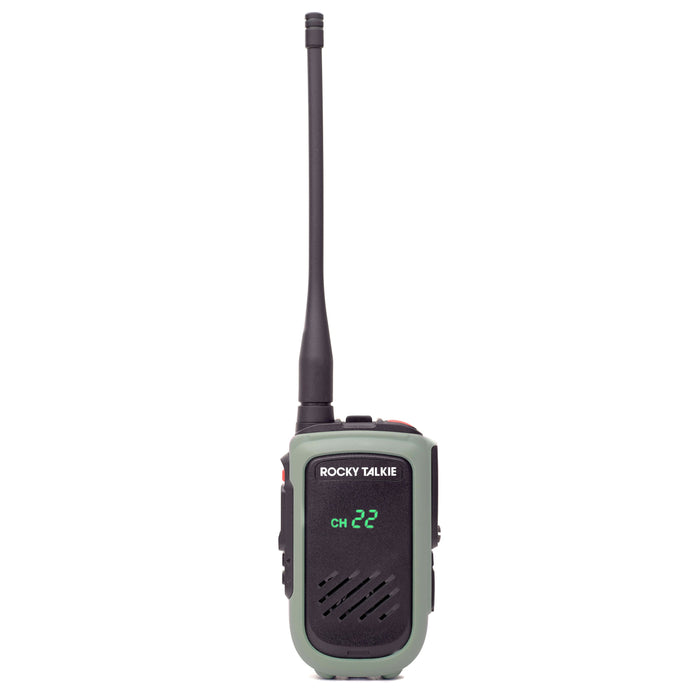 Rocky Talkie 5 Watt Expedition Radio in Sage Green with optional 17cm antenna attachment, front view