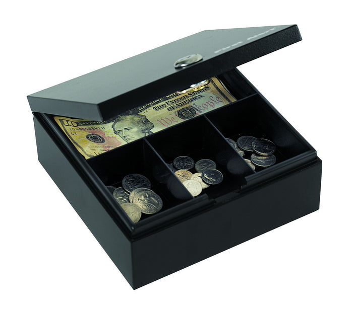 First Alert Cash and Key Locking Security Box, made from powder coated steel, 4-slot cash tray or 10-key hanging key box. Model 3010F
