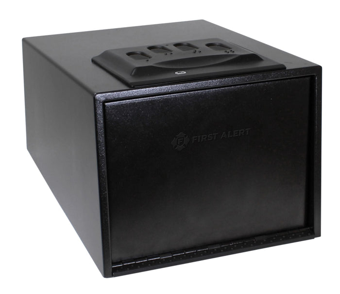 First Alert Extra Large Quick Access Hand gun safe w/Spring loaded door. Features digital electronic lock and Emergency Access Override Key, anti-pry edges, anchoring holes, made from 18-gauge powder coated steel.  Model 5400DF