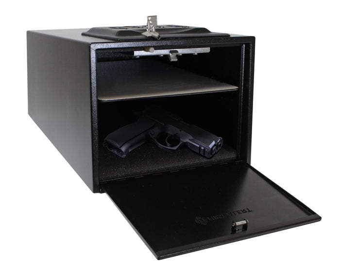 First Alert Extra Large Quick Access Hand gun safe w/Spring loaded door. Features digital electronic lock and Emergency Access Override Key, anti-pry edges, anchoring holes, made from 18-gauge powder coated steel.  Model 5400DF
